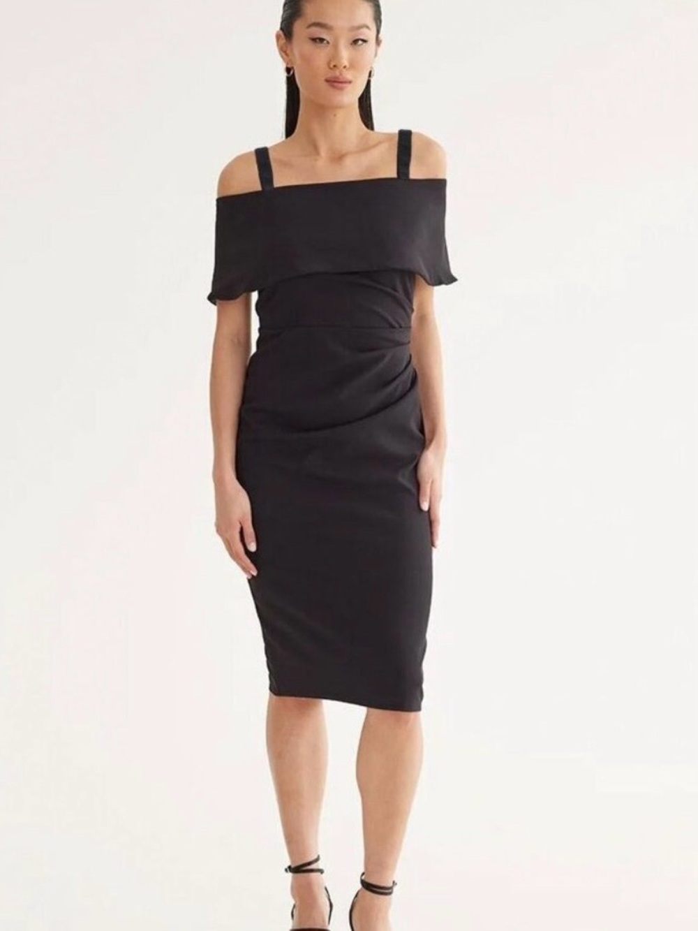 MARINA Black Off-Shoulder Strap Midi Dress